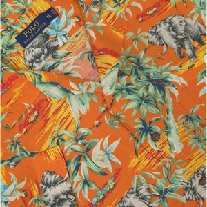 Polo Ralph Lauren Shirt Mens XL Orange Elephant Hawaiian Loop Collar Viscose